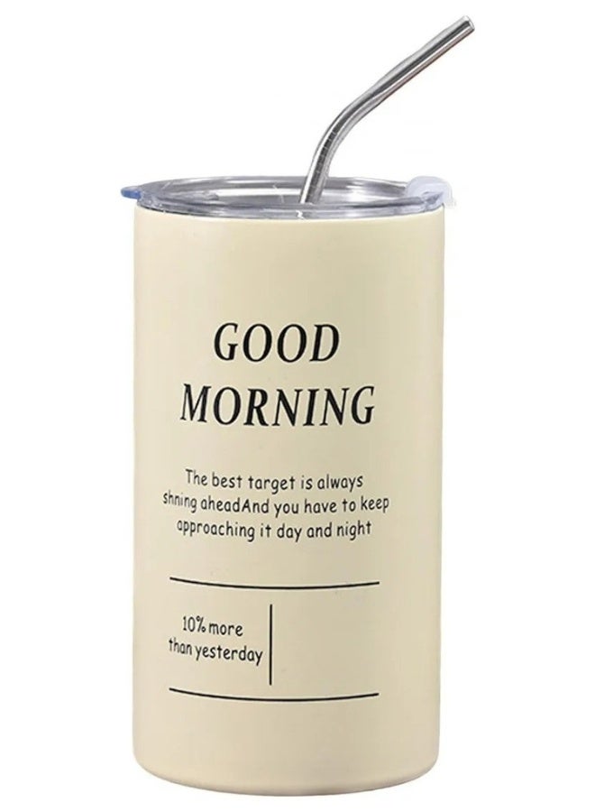 كوب قهوة محمول مزدوج الطبقات من الفولاذ المقاوم للصدأ معزول بالفراغ - 600 مل مع ماصة وغطاء بجدار مزدوج معزول للسفر والتخييم للمشروبات الباردة والساخنة -بيج - Image 1